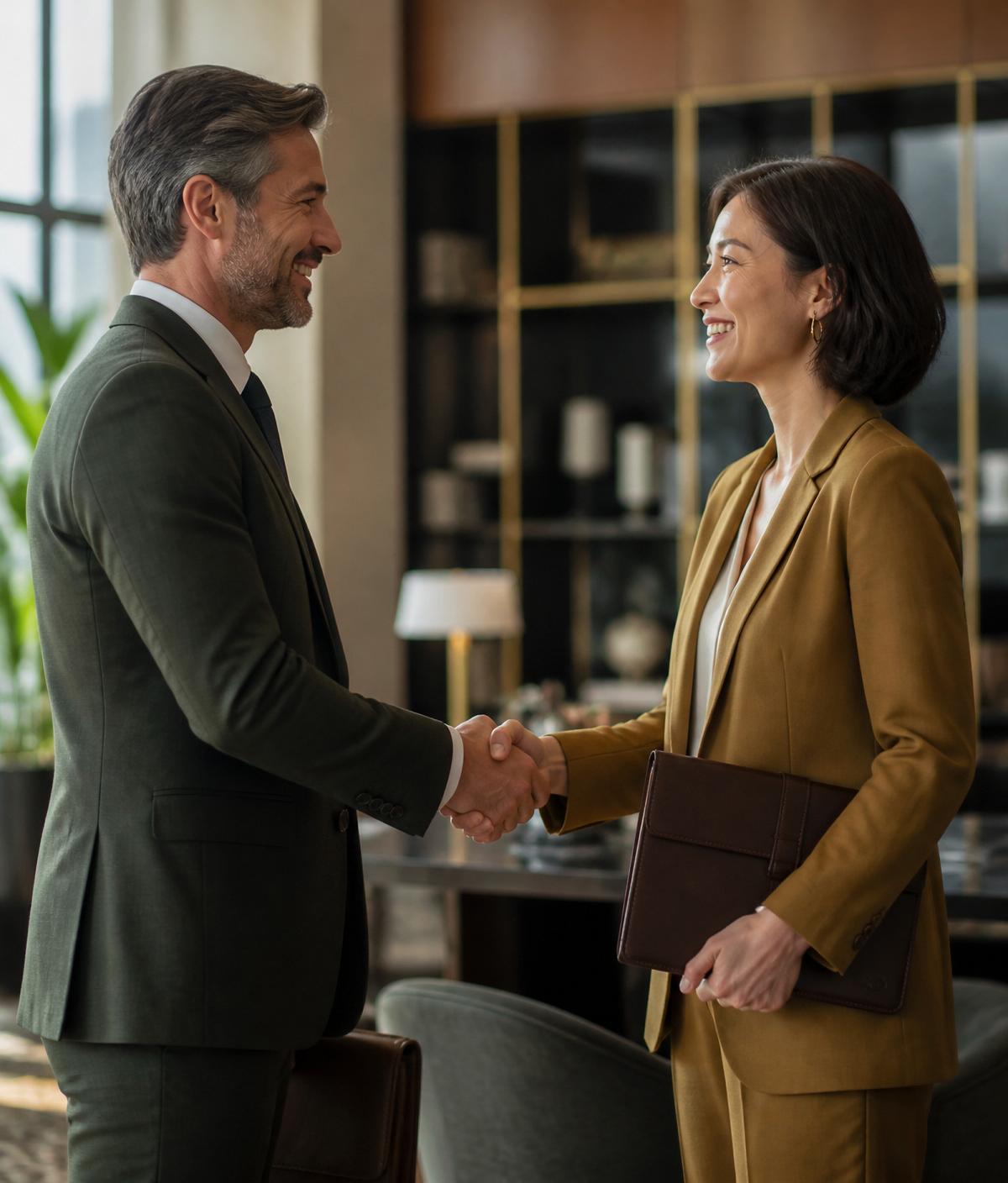 Two professionals shaking hands with portfolios, collaborating